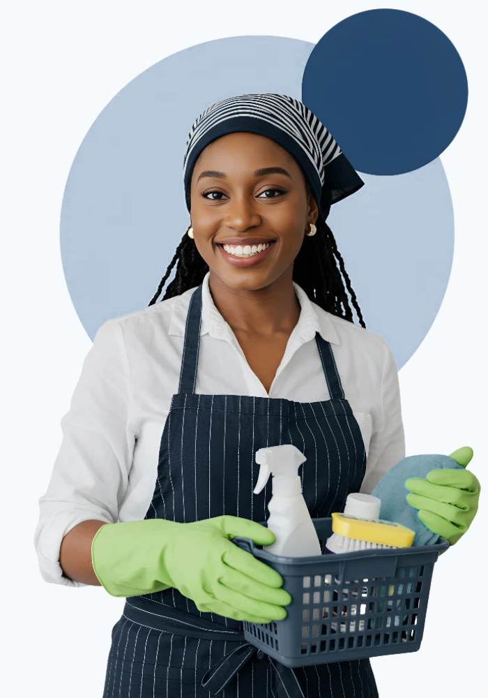 Femme de ménage souriante avec panier de produits d'entretien – service d’aide à domicile au Sénégal service de nounous et aide-ménagères à domicile au Sénégal